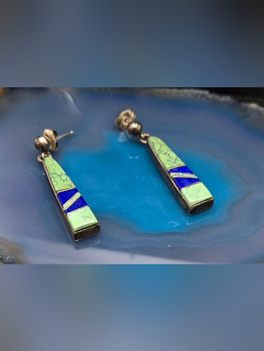 MTT Marie Tsosie Navejo Earrings Turquoise & Azurite Inlaid in Sterling